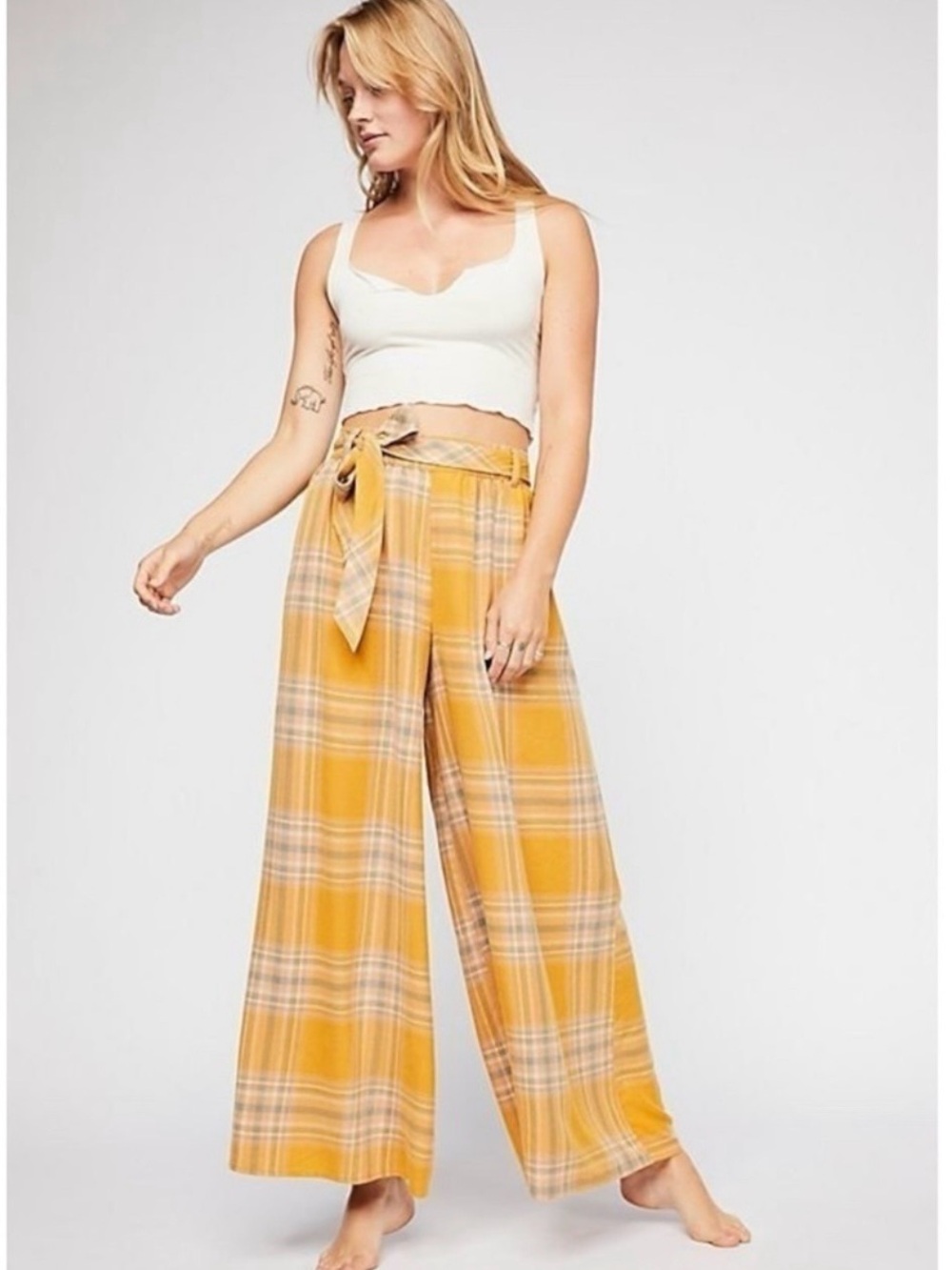 Free People Good Or Plaid Wide Leg Pants in Mustard Size Small